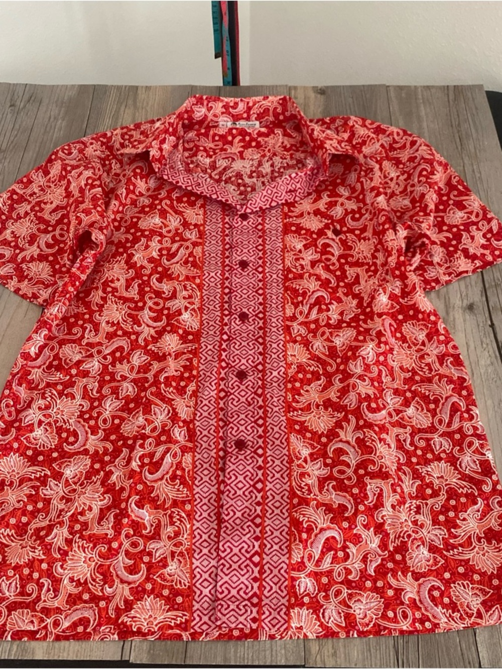 Keris Fashion Mens Floral Batik Geometric Center Panel Button Shirt Medium